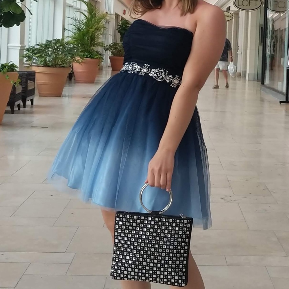 Ombre blue mini dress with waist crystal embellishment